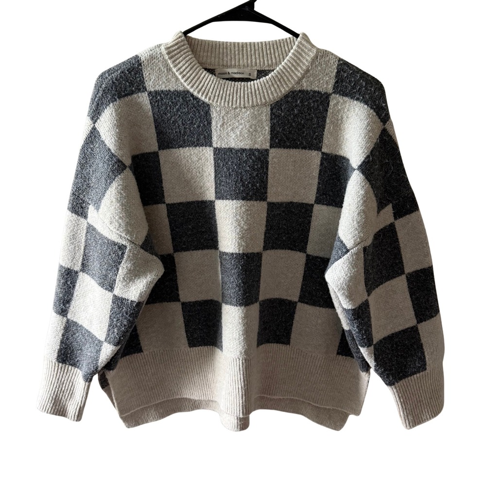 Moon & Madison Women Grey Cream Checkered Crewneck Sweater Size S ST21631